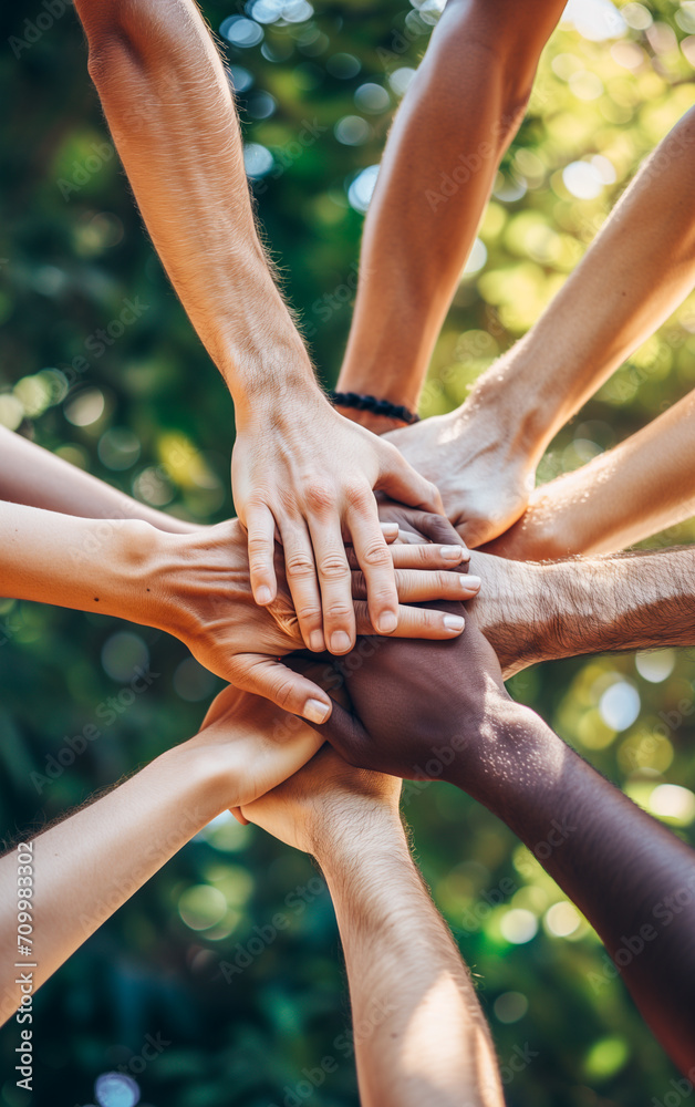 A group of people placing their hands on top of each other, a concept of union