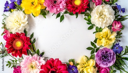 frame with colorful flowers on clear white background greeting card design for holiday mother s day easter valentine day springtime composition with copy space flat lay top view © Faith