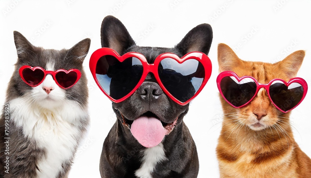 valentiners day set of dogs and cats with heart shaped sunglasses cute pet for pet shop banners and veterinary clinic promotions on background png