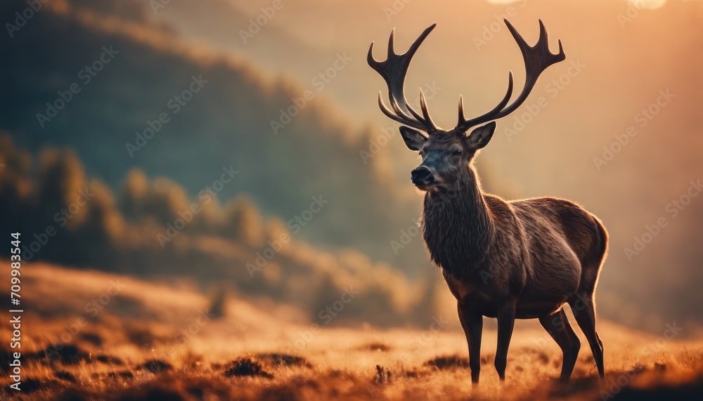 Red deer stag silhouette in the mist