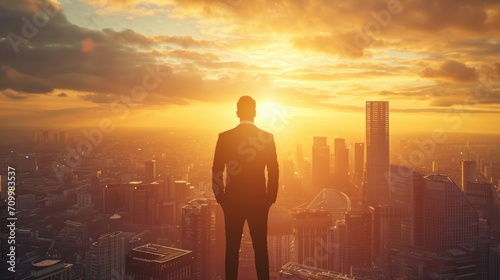 "Vision from the Heights: Ambition Over the Urban Sunset" Confident businessman standing at the top of a skyscraper, overlooking the bustling city below as the sun sets.