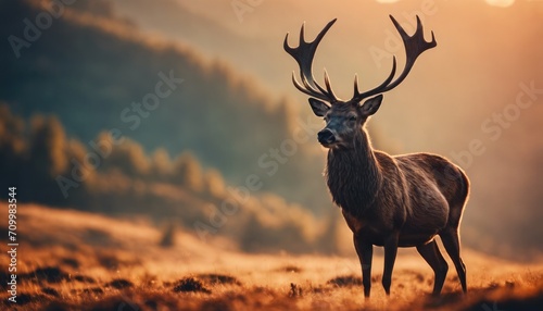 Red deer stag silhouette in the mist © Павел Кишиков