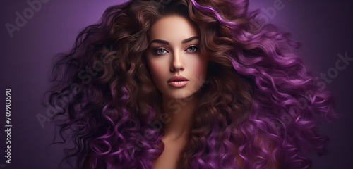 Woman with purple curly long healthy hair, Healthy Hair banner 