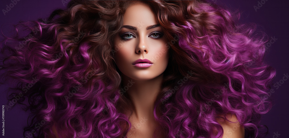Woman with purple  curly long healthy hair, Healthy Hair banner 