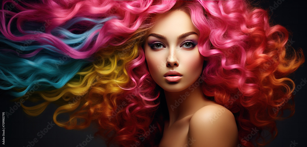 Woman with curly long healthy hair, Healthy Hair banner 