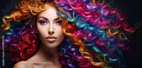 Woman with curly long healthy hair, Healthy Hair banner 