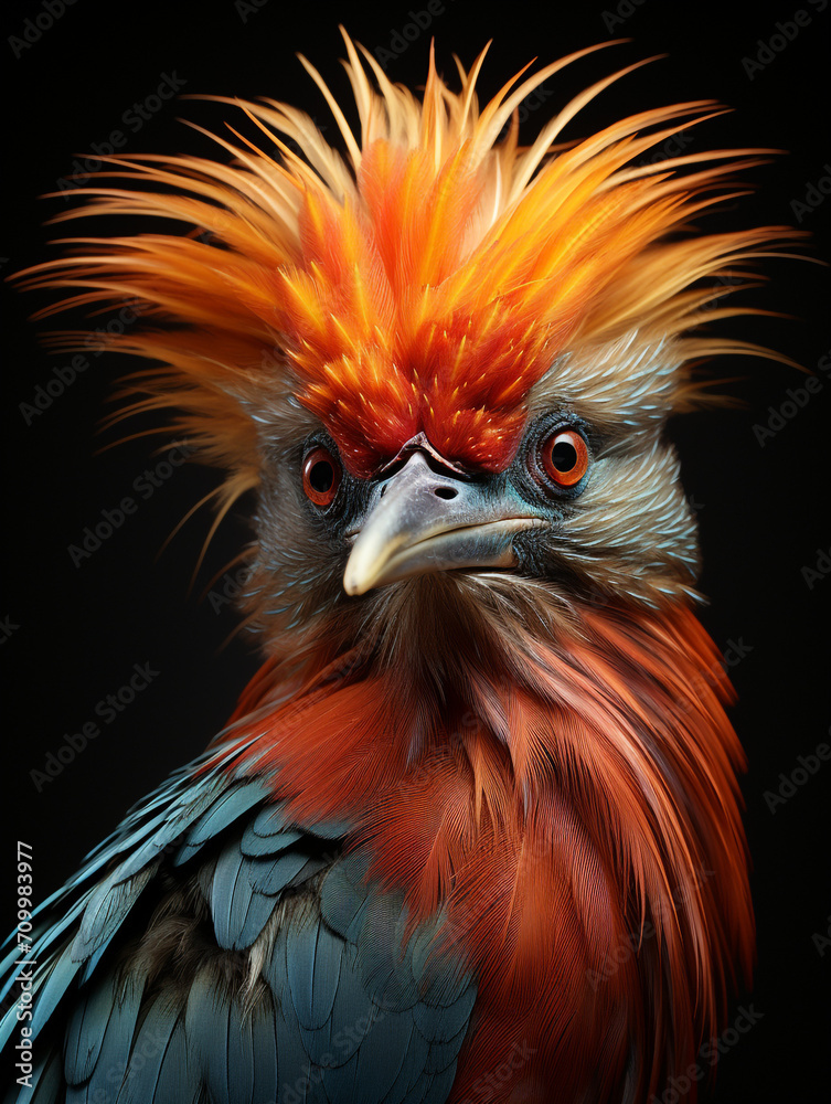 Fototapeta premium surreal acrobatic portrait of a colorful bird created with Generative Ai