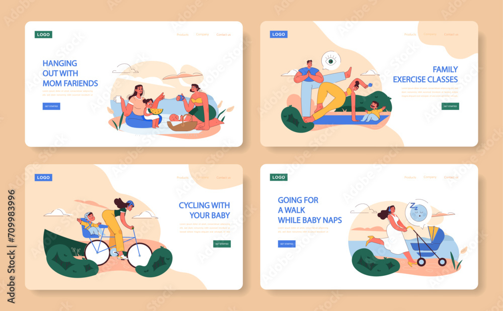 Fototapeta premium Dynamic Post-Pregnancy Life set. Moms bonding over picnics, families engaging in fitness, cycling with kids, strolling during baby naps. Joyful motherhood.