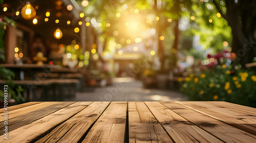 An empty wooden table covered with plants and trees  street scenes with vibrant colors  smooth and polished  recycled  clean-lined  solapunk  light gold.