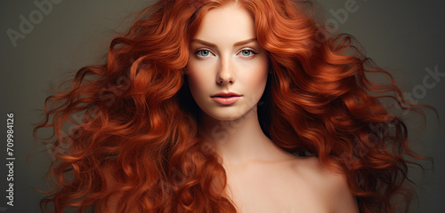 Woman with red curly long healthy hair, Healthy Hair banner 