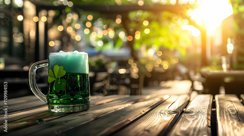 St patrick's day in Ireland day by the bar in the style of glass as material, bokeh, tabletop photography, photorealistic rendering, light indigo and green.