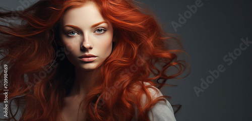 Woman with red curly long healthy hair, Healthy Hair banner 