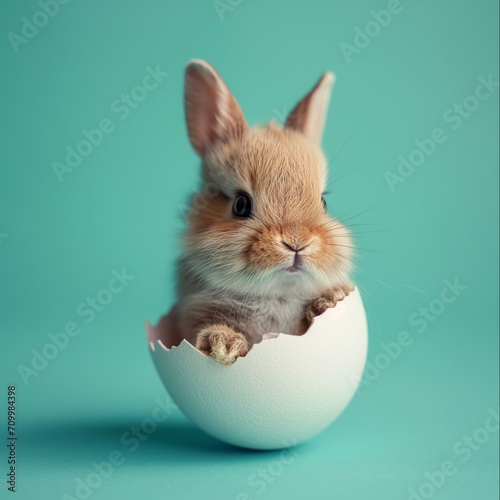 little baby bunny sitting in egg shell on turquoise background  © Ivana