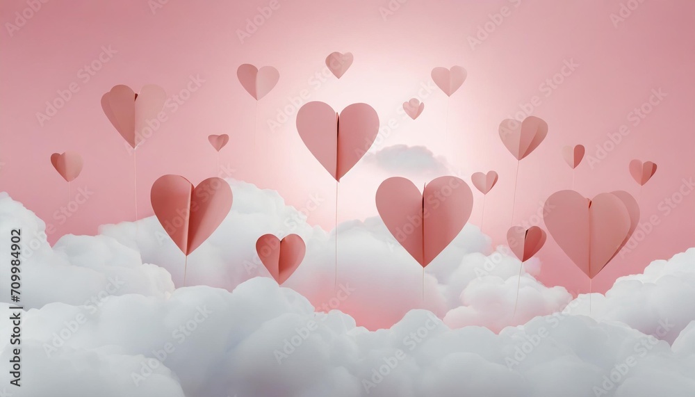 paper hearts between the clouds valentine s day concept on pink background 3d rendering 3d