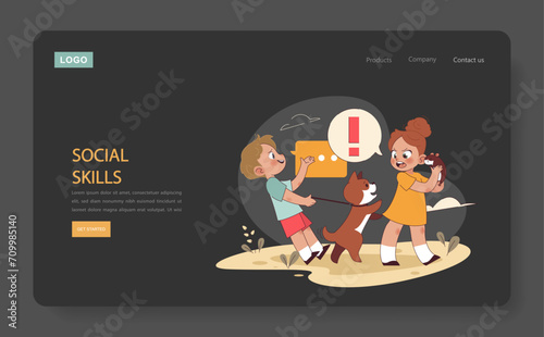 Social Skills dark or night mode web, landing. Children with pets learn communication and boundaries. Interactions that teach empathy and assertiveness. Flat vector illustration