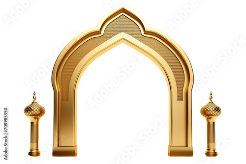 Arabic golden arch isolated on transparent background. 3D render Islam architecture shape for muslim holidays. Design elements door, frame, window. Realistic vector illustration. PNG. Ramadhan.