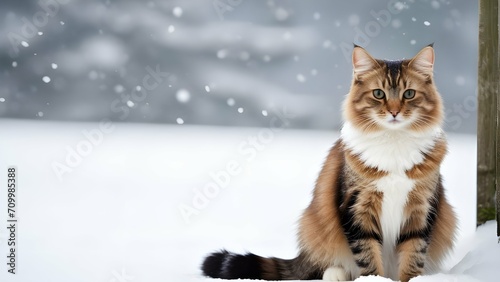 Cute cat sits gracefully in the snow.