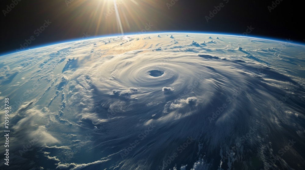 A colossal cyclone swirls over the Pacific Ocean, its vast spiral cloud formations captured in stunning detail from the vantage point of space.