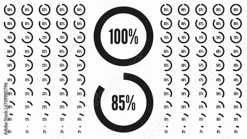 Big percent collection for user interface UI or business infographic. Set of icon for infographic. Percentage circle diagrams from 0 to 100. Black shapes. Vector illustration. photo