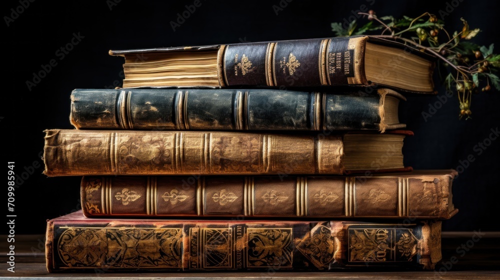 Stack of classic retro old books on the dark background. AI generated image Stack of classic retro old books on the dark background. AI generated image
