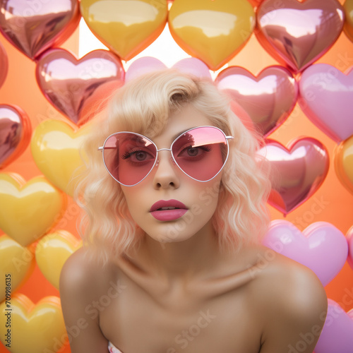 Young blonde girl with pink heart shaped sunglasses stands in front of heart shaped balloons. Light gold and orange installation, barbiecore. Minimal love and women's day idea