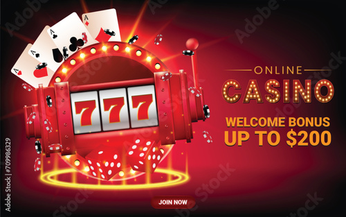 Online casino advertisement banner template design with red slot machine, poker chips, red dice and playing cards