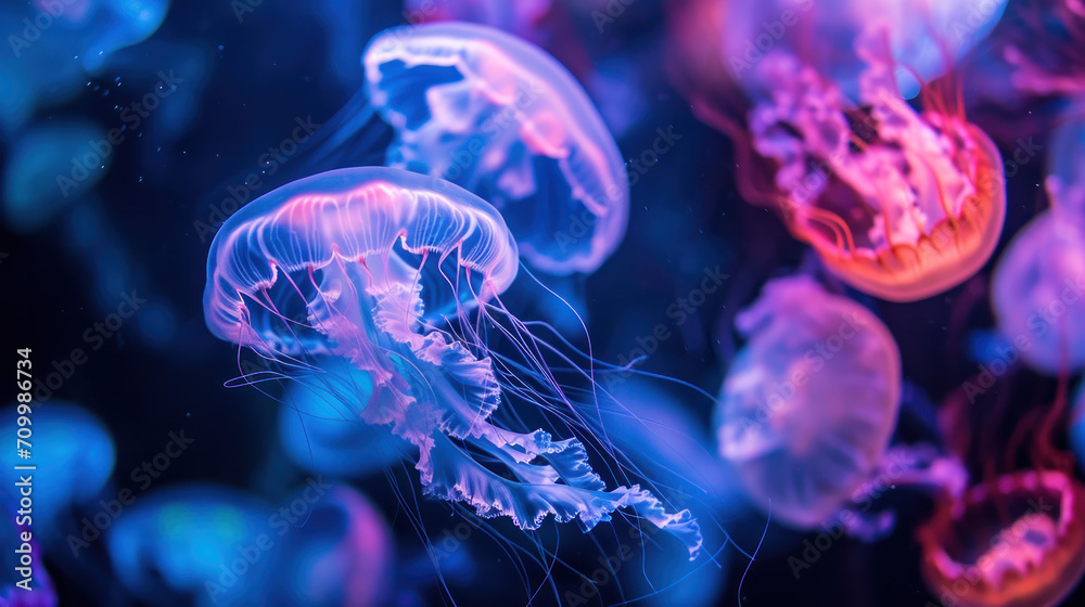 Bright neon colourful jellyfishes on a black background Bright neon colourful jellyfishes on a black background