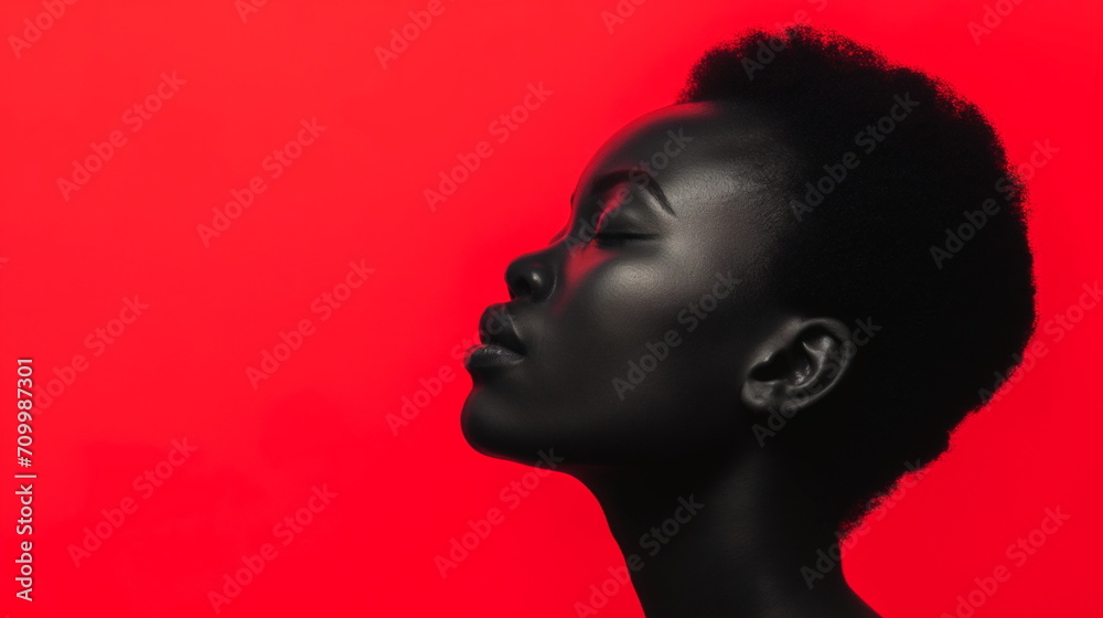 Beautiful black woman in profile view. Side view of young African American female model with closed eyes on red background with copy space. Beauty, skincare, Black History Month concept. For banner