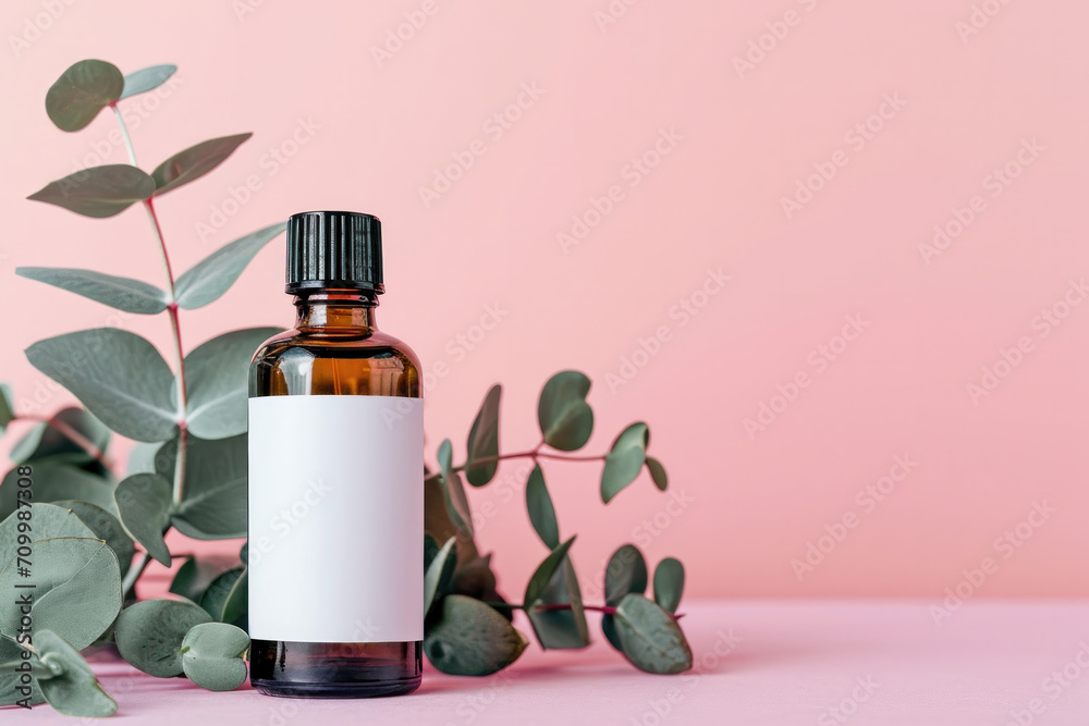 bottle with oil with eucalypt , promotional shot, mock up 