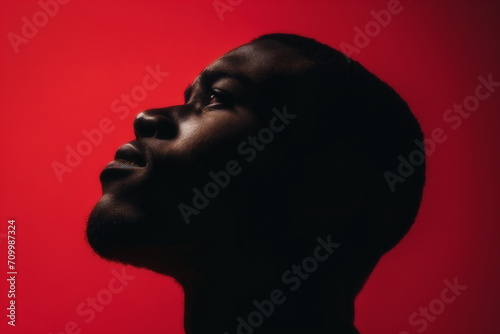 Young black man head portrait on red background with copy space for text. African-American looking up with a serious expression on his face. Black History Month Concept. For banner, card, poster. photo