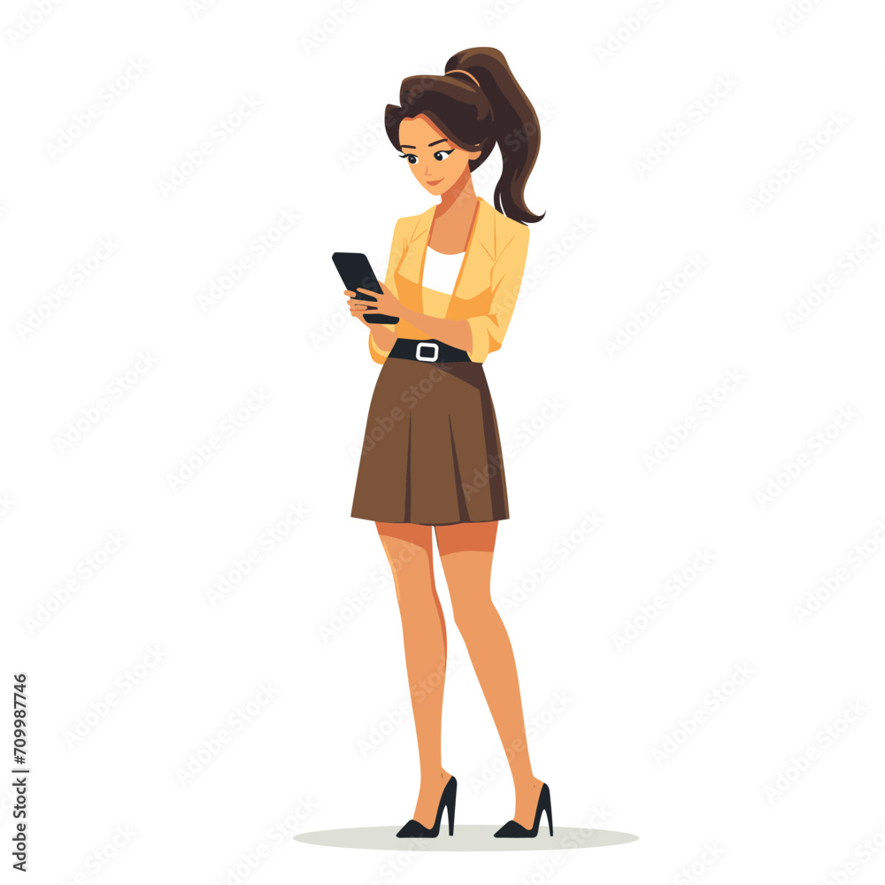 A woman standing looking at her phone on a full-length white background, flat illustration A woman standing looking at her phone on a full-length white background, flat illustration