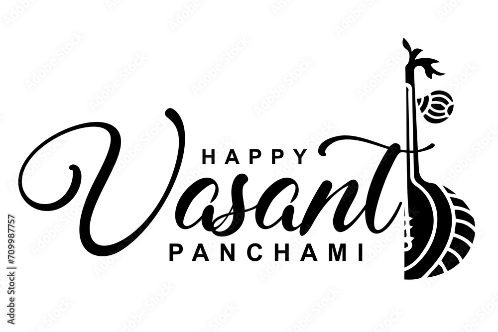 Happy Vasant Panchami lettering with Veena vector illustration. - obrazy, fototapety, plakaty 