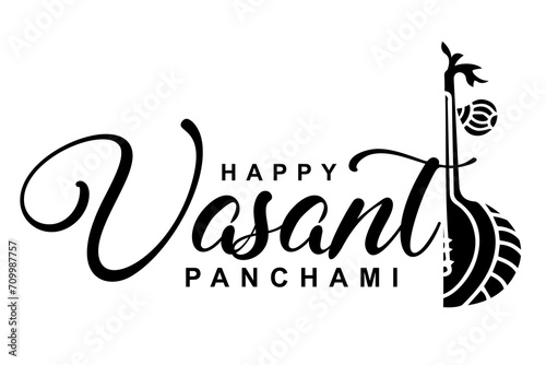 Happy Vasant Panchami lettering with Veena vector illustration.
