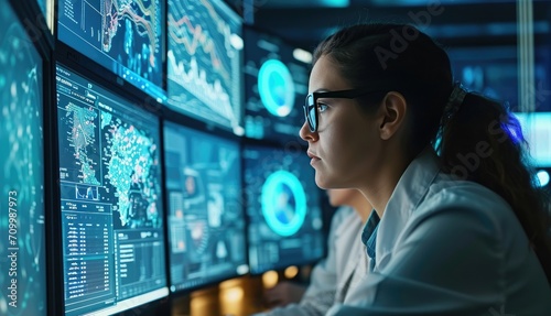 Hispanic female senior data scientist reviewing big data graphs and troubleshooting an issue in a customer network, multiple monitors showing data and woman looking with glasses.