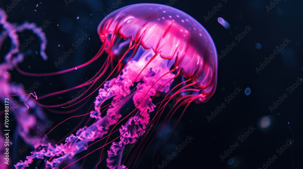 Bright neon colourful jellyfishes on a black background 