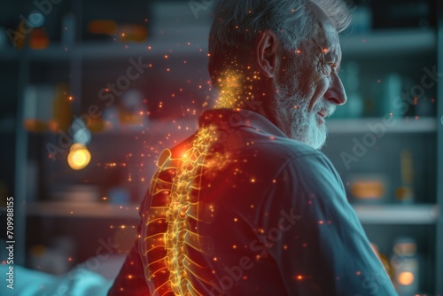Fotografia Back pain visualized in augmented reality, old man suffering from crippling back pain, chronic pain visualized as red lines shooting out of the spine