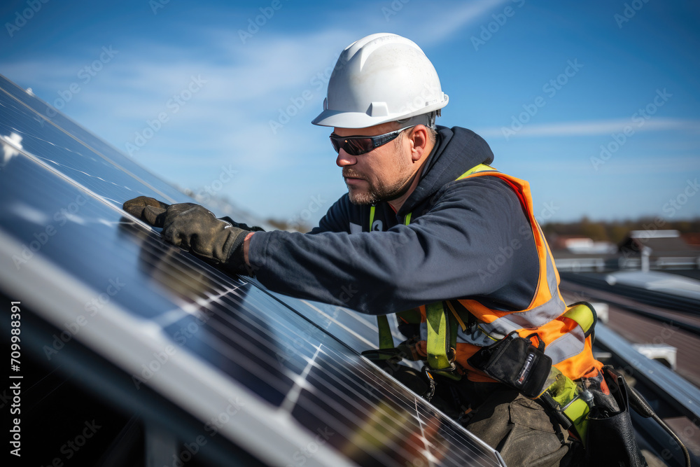 Worker mount solar panels on the roof. Concept of alternative and renewable energy. Worker mount solar panels on the roof. Concept of alternative and renewable energy.