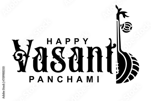 Happy Vasant Panchami lettering with Veena vector illustration.