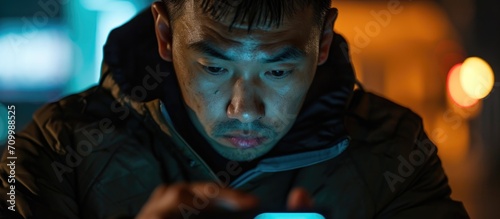 Asian male hacker using phone in closeup