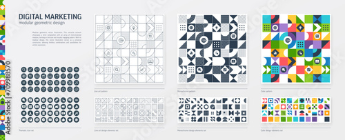 Digital Marketing Modular Geometric Design. Thin Line  Black  White and Color style Pattern. Communication Graphic Elements Set. Web  Network  Social Media Icon. Triangle  Square  Circle Forms.