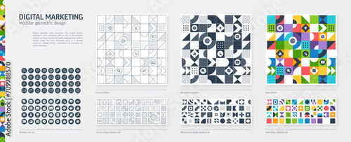Digital Marketing Modular Geometric Design. Thin Line, Black, White and Color style Pattern. Communication Graphic Elements Set. Web, Network, Social Media Icon. Triangle, Square, Circle Forms.
