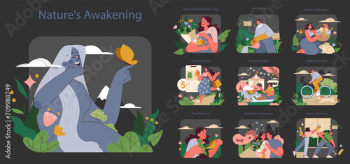 Nature's Awakening set. Celebrating the vibrant essence of spring with themes like International Women's Day, gardening, Easter, fashion, festivals, activities, cityscapes, and spring cleaning.