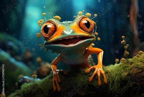 a frog with his mouth on green moss