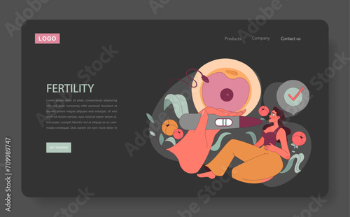 Fertility concept. A thoughtful woman amidst symbolic illustrations of ovulation, positive pregnancy test, and a fertilized egg. Embracing the journey of womanhood. Flat vector illustration.