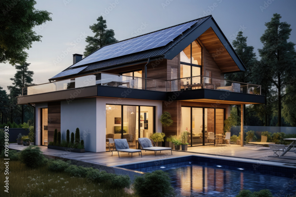 Beautiful modern large eco house with solar panels on the roof and a beautiful green estate, yard.Concept of alternative and renewable energy.
