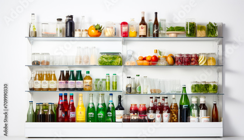 Assortment of Beverages in Large Containers on Shelf in Empty Room