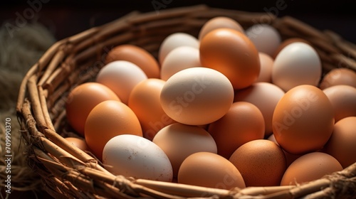 Fresh close up eggs on the straw background.