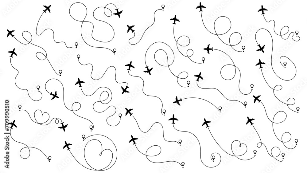 Airplane or aeroplane routes path set. Travel concept from start point and dotted line tracing. Aircraft tracking, plane path, travel, map pins, location pins. Vector illustration. White background. Airplane or aeroplane routes path set. Travel concept from start point and dotted line tracing. Aircraft tracking, plane path, travel, map pins, location pins. Vector illustration. White background.