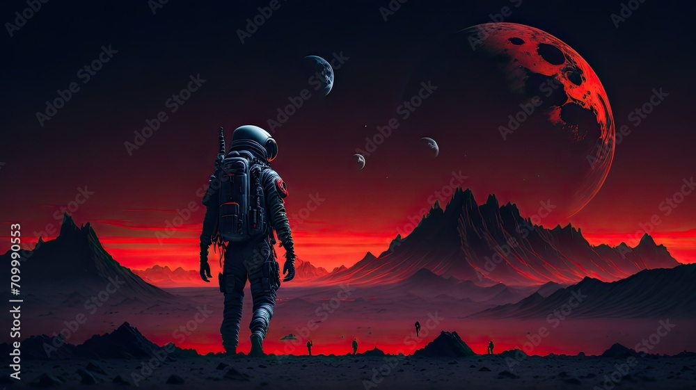 Astronaut in red planet, Back view of astronaut wearing space suit walking on a surface of a red planet, science fiction, fantasy landscape, Space exploration, Mixed media.