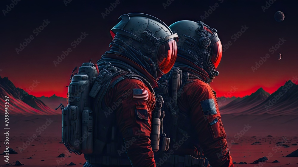 Astronauts in the desert on red planet, 3D illustration, Spacemen on the background of an alien planet, Space exploration, Cosmos landscape, science fiction. Astronauts in the desert on red planet, 3D illustration, Spacemen on the background of an alien planet, Space exploration, Cosmos landscape, science fiction.